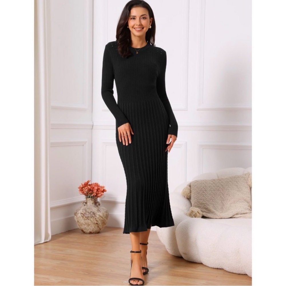 Elegant Black Ribbed Long Sleeve Dress